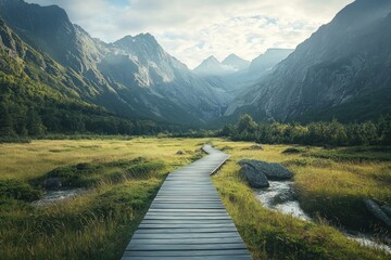 A wooden pathway through a valley