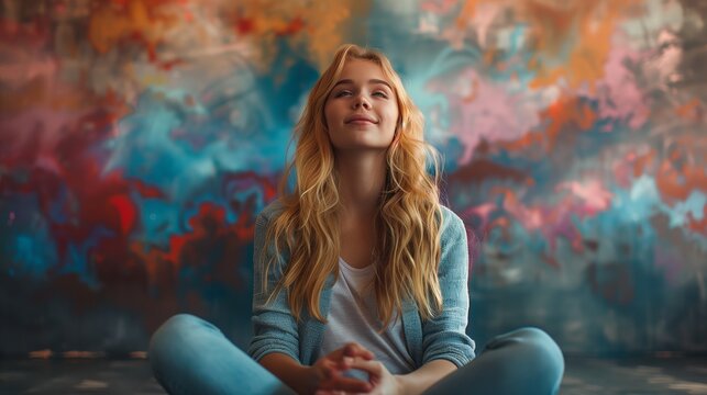 Beautiful Young Woman With Flowing Hair in a Cosmic Cloud of Colors During a Dreamy Night