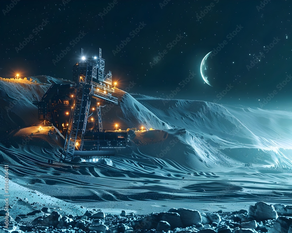 Aufkleber futuristic lunar mining extracting resources from the moon s surface under lights
