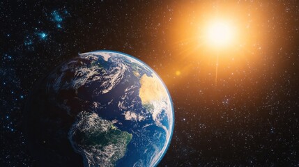 Obraz premium Earth seen from space with the sun shining brightly in the background.