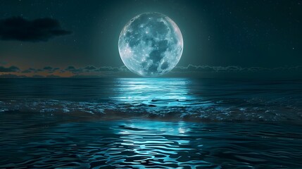 Mystical Moonrise over Alien Ocean with Bioluminescent Waves Reflecting Lunar Body