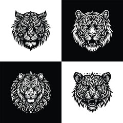 Tribal vector collection of tiger heads in black and white