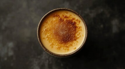 Close-up top view of creamy with caramelized sugar on top, centered in the image with negative space around it for copy or branding. -