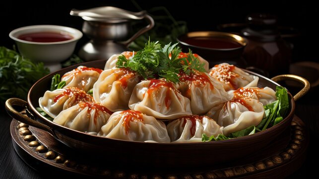 Naklejki Momos or dumplings, nepali traditional food in plate on dark background. Neural network ai generated art