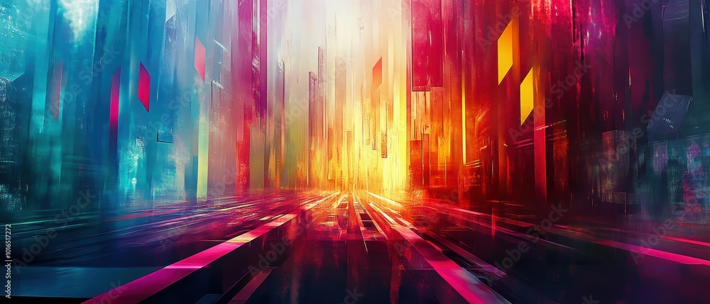 Poster a vibrant abstract cityscape with colorful lights and blurred lines, creating a dynamic urban atmosp