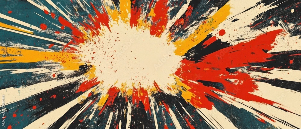 Poster abstract explosion of colors with splashes and streaks against a canvas background.