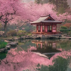 Fototapeta premium A serene Japanese garden with cherry blossoms in full bloom, their pink petals reflecting in a calm pond