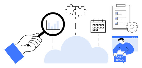 Hand holds magnifying glass over cloud with bar graph, puzzle pieces, calendar, checklist, gear, and person holding cashback banner. Ideal for data analysis, business planning, task management