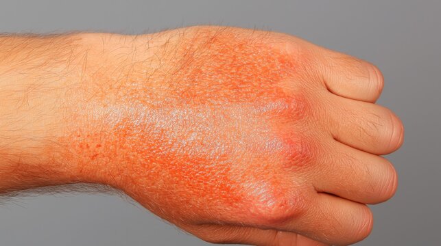 Hautreizungen und Allergien: Nahaufnahme einer M&auml;nnerhand mit Ausschlag f&uuml;r eine dermatologische Beratung
