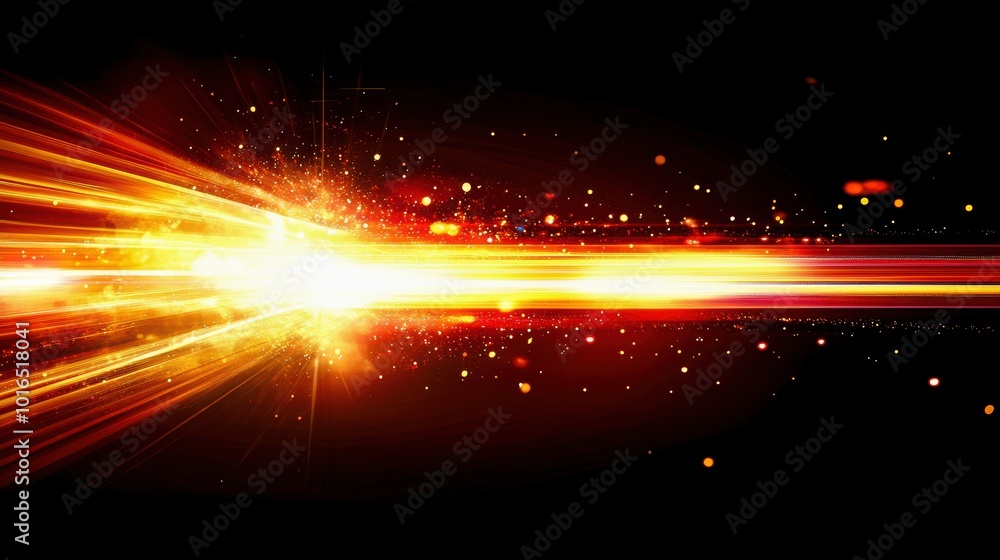 Poster bright abstract light streaks with particles on a dark background, creating a dynamic and energetic 