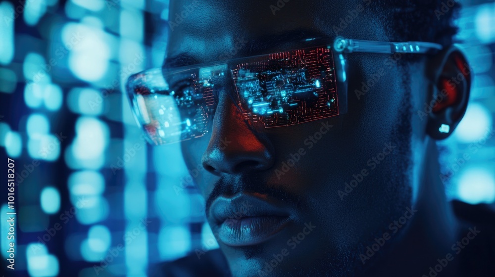 Poster a person wearing glasses with a circuit design printed on the lenses, great for tech and innovation 