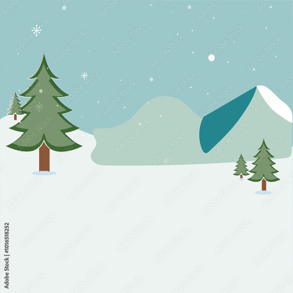 Poster snowscape background with xmas trees, mountains and copy space.