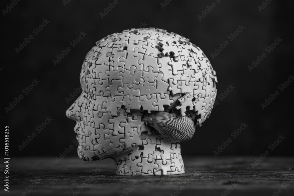 Poster a close-up shot of a jigsaw puzzle with a completed human head image.