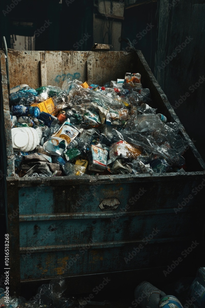Poster a photo of a dumpster filled with trash next to a building, suitable for use in scenes about urban e