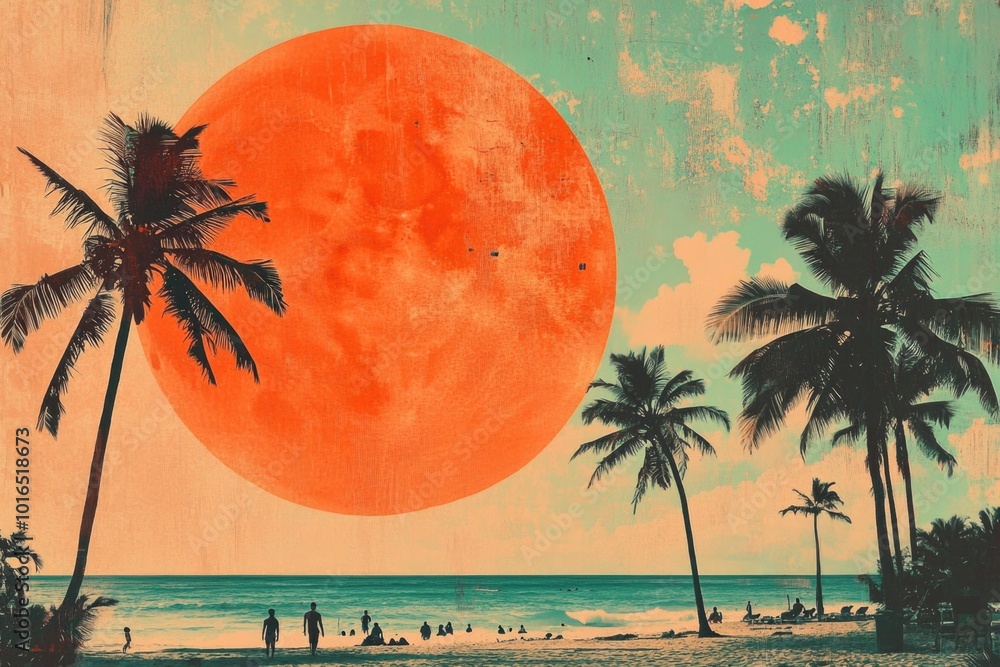 Aufkleber a serene beach scene at night with palm trees and a large orange moon in the sky.
