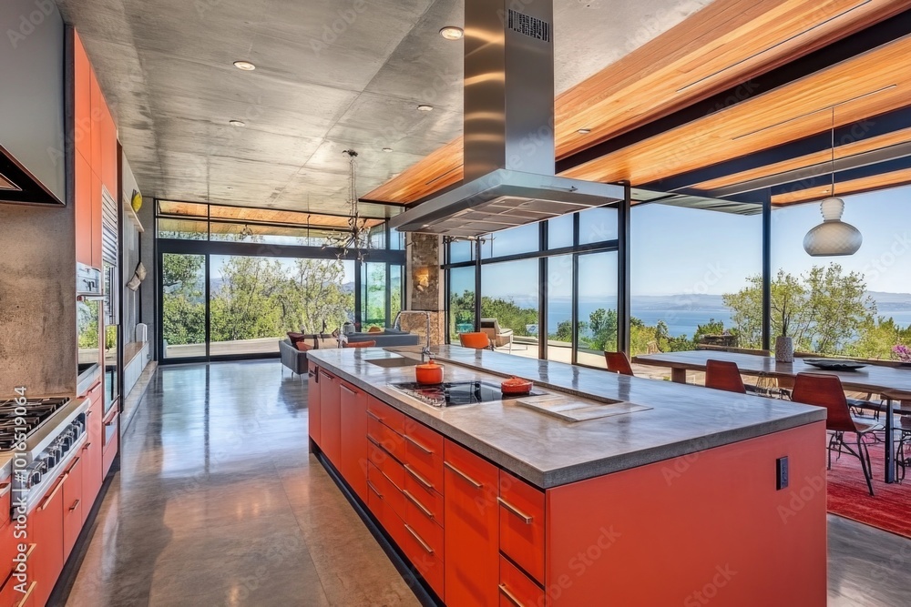 Poster a modern kitchen with a large island and a view of the ocean.