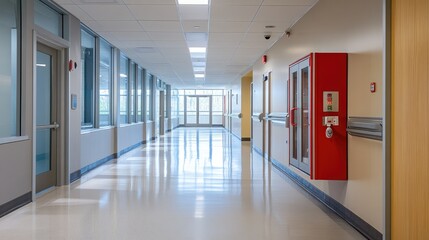 A brightly lit hallway in a commercial building, showcasing a fire hose cabinet prominently positioned on the wall for easy access