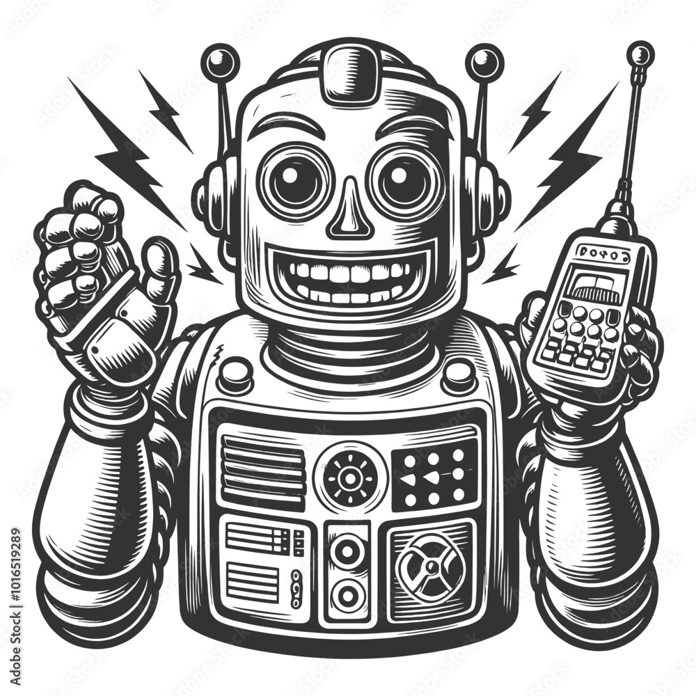 Aufkleber happy joyful robot holding remote control sketch engraving generative ai fictional character vector 