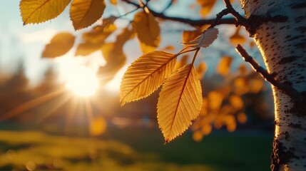 Fototapeta premium Herbstliche Birkenblätter im goldenen Abendlicht für Naturfotografie und saisonale Dekoration
