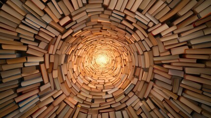 Fototapeta premium Vortex of stacked books forming a spiral tunnel with glowing light at the center