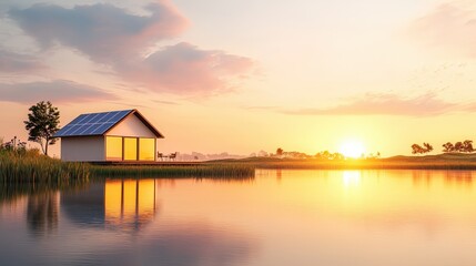 Fototapeta premium Tranquil Sunset Over a Modern Solar Home by Water