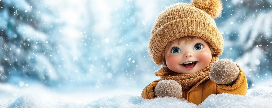 Adorable Baby Snowman Wearing a Knit Hat in a Winter Wonderland, Smiling and Sparkling Under the Stars, Snowy Forest Backdrop