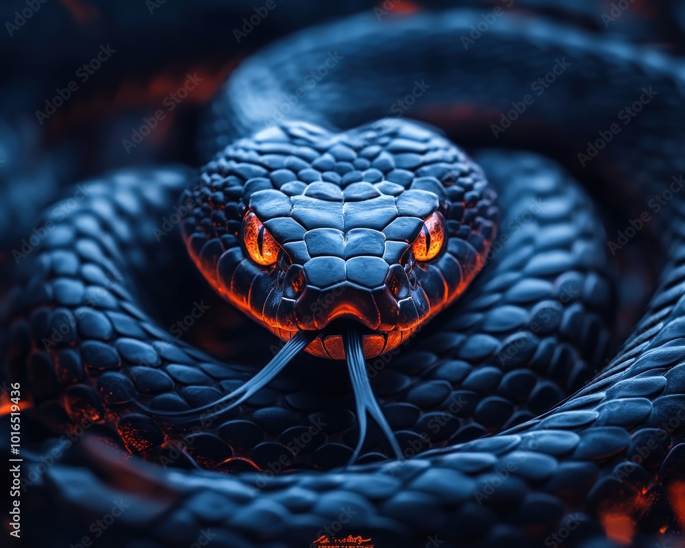 Poster a sharp-eyed snake with wild intensity, coiling up in preparation to strike, a striking image of a s