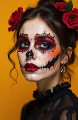 Obraz premium Putting on holiday helloween makeup on a creepy yellow background. Generative AI tools