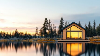 Fototapeta premium Tranquil Lake House at Sunset with Reflections