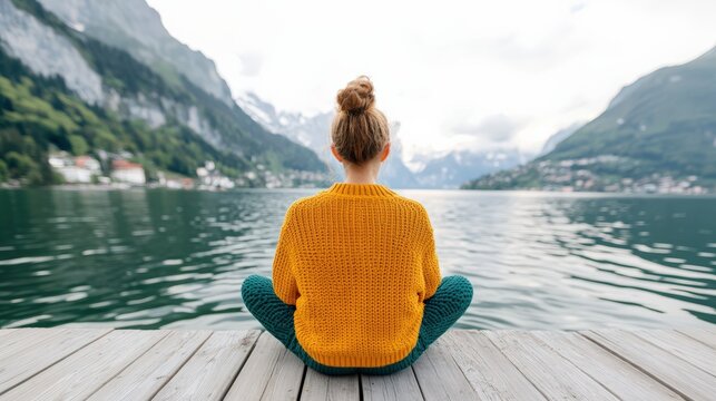 Friedlicher R&uuml;ckzugsort am See: Frau genie&szlig;t die Sch&ouml;nheit der Natur in den Bergen