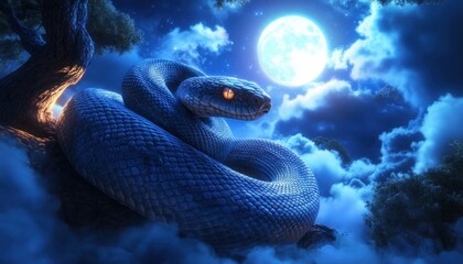 Fototapeta premium A Striking Blue Snake Coiled on a Branch Under Moonlight, A Breathtaking Image of Nature's Beauty and Power