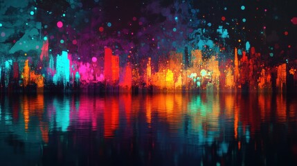 Fototapeta premium Abstract cityscape reflection in water with vibrant neon colors