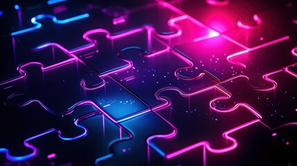 Colorful neon puzzle pieces illuminated in shades of blue and pink on a dark background.