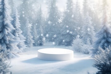 White round pedestal stands in the snow with fir trees and lights. Product presentation and advertising. New Year and Christmas free space for design and product