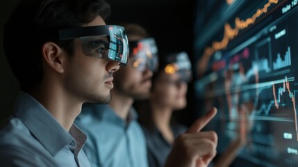 Business team using augmented reality glasses to analyze data on a digital screen