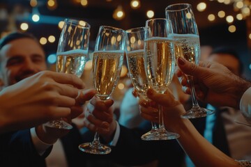 A group of people raising their glasses of champagne in a toast, perfect for party or celebration scenes.