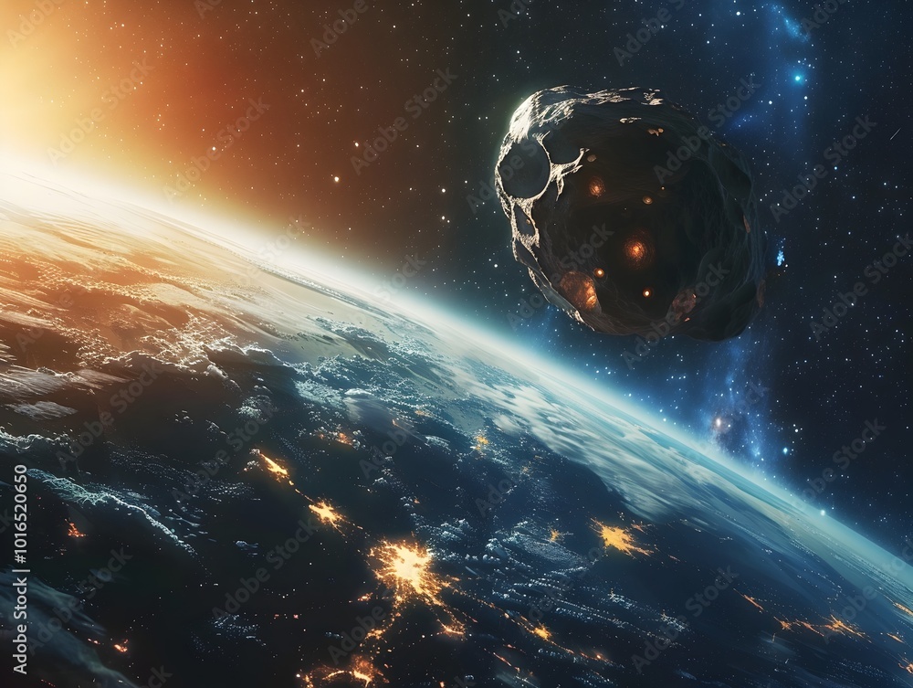 Poster massive asteroid hurtling towards earth visible from space foreboding apocalyptic cosmic disaster co