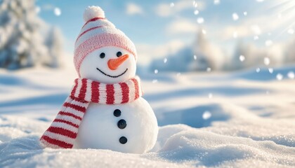 Obraz premium Cheerful Snowman in a Winter Wonderland with Sparkling Snow Falling Gently, Perfect for Holiday Greetings and Winter Decorations