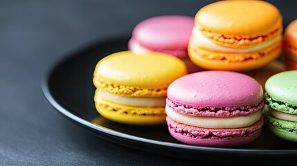 Fototapeta premium Sweet French macarons in various bright colors displayed on a black plate, with close-up focus on their creamy fillings and smooth texture. -