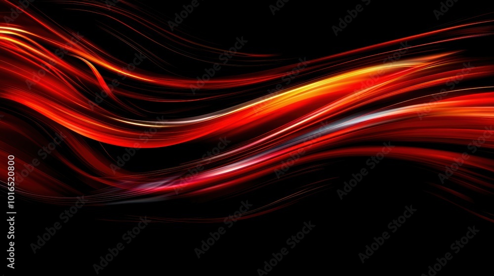 Poster dynamic abstract red and orange waves flowing on a black background, creating a vibrant and energeti