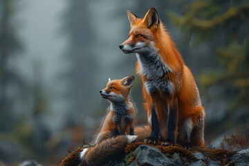 Fototapeta premium Red Fox and Kit in Rainy Forest - Serenity of Wildlife in Nature