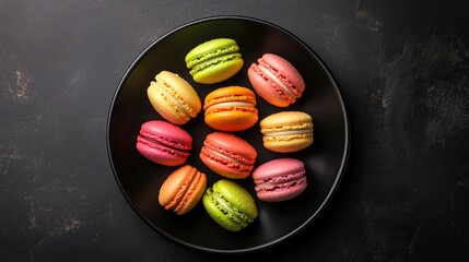 Top view of colorful French macarons neatly arranged on a black plate, creating a dramatic contrast that highlights the vividness of each cookie.