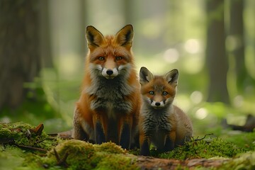 Obraz premium Mother and Baby Foxes in Lush Forest - Wildlife Photography for Nature Prints