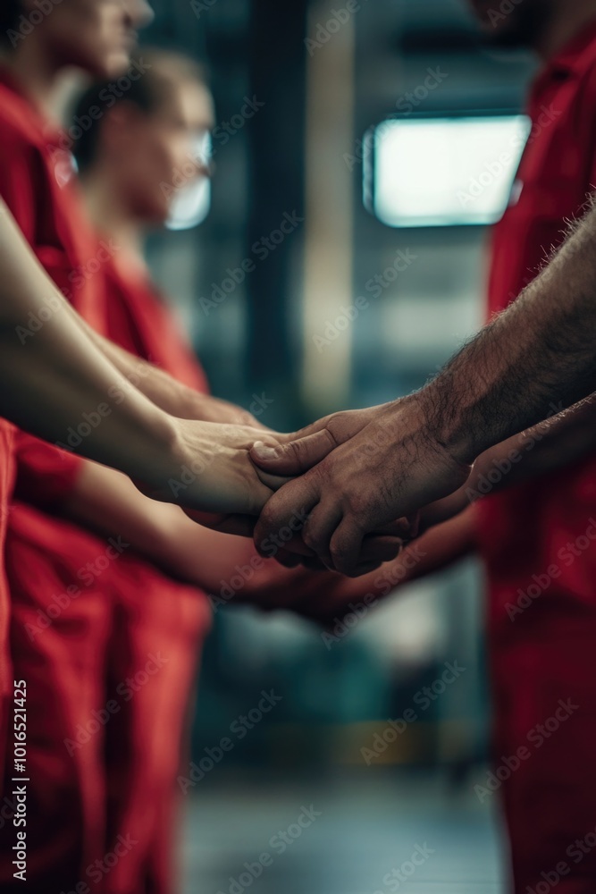 Poster a group of people dressed in matching red uniforms hold hands together, possibly indicating unity or