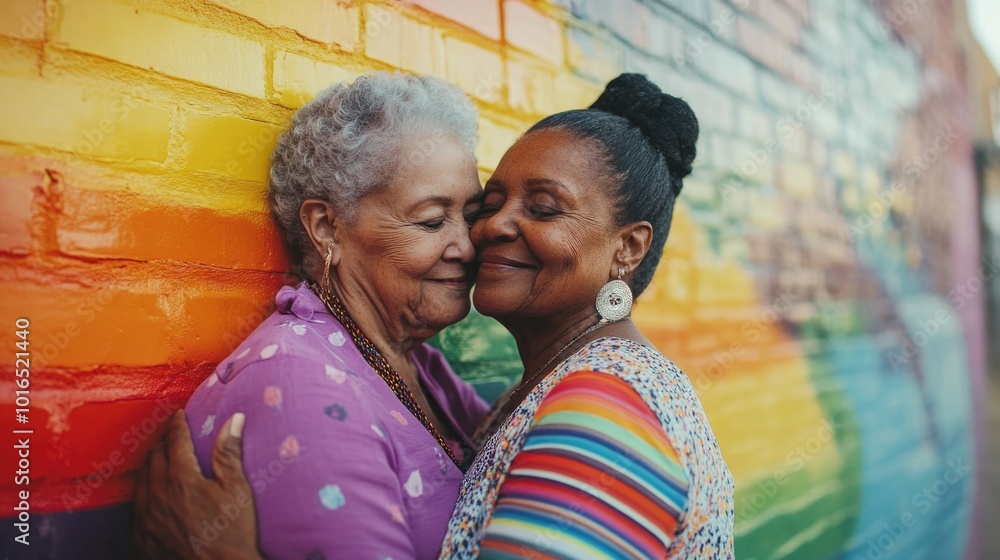 Poster two friends embracing in front of a vibrant background.