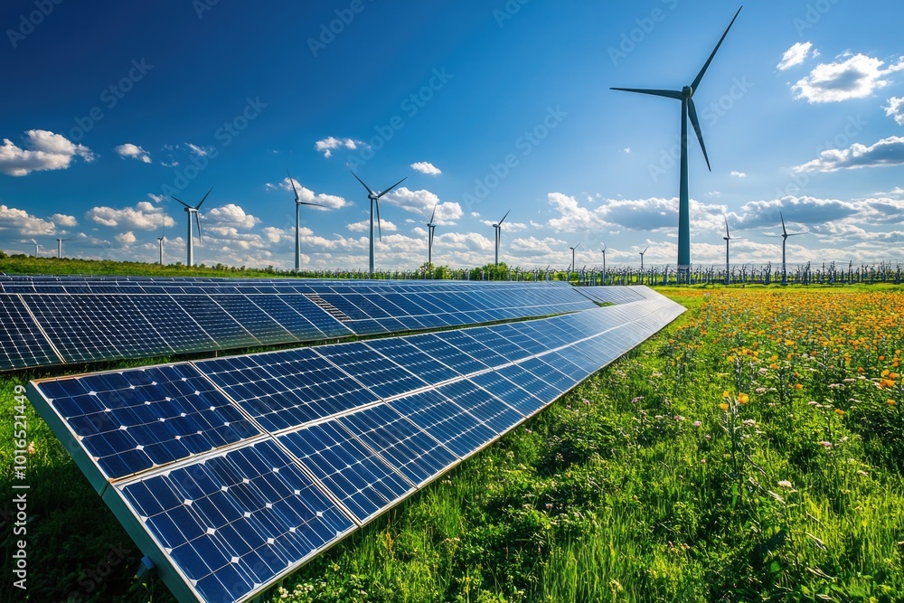 Aufkleber renewable energy source setup, solar panels and wind turbines in open field.