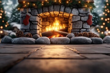 Cozy Stone Fireplace with Glowing Embers and Christmas Stockings, Festive Holiday Decor, Warm...