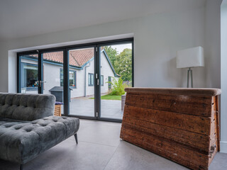 Modern living room with bifold doors