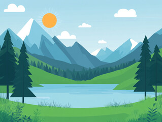 Fototapeta premium A flat vector illustration of green mountains, trees, and a lake with the sun in the sky. Simple shapes and a flat design style.