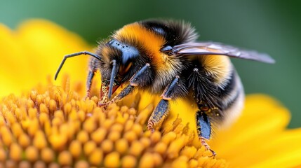 The image shows a detailed close-up of a bee pollinating a bright yellow flower, highlighting the intricate textures and vibrant colors of both bee and flower.